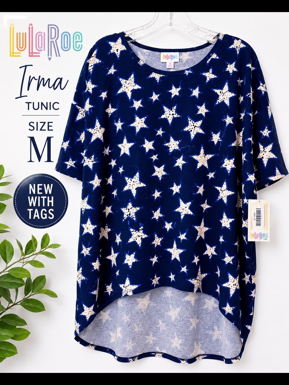 LuLaRoe Irma Tunic Top NWT Navy Blue White Star Print Patriotic Medium